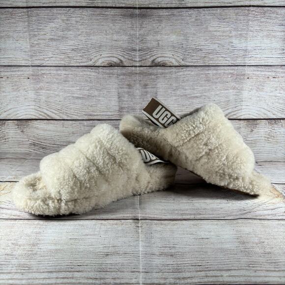 UGG Fluff Yeah Womens Size 6 Slide Sandals Slingback Slippers Cream Sheepskin - Picture 8 of 10